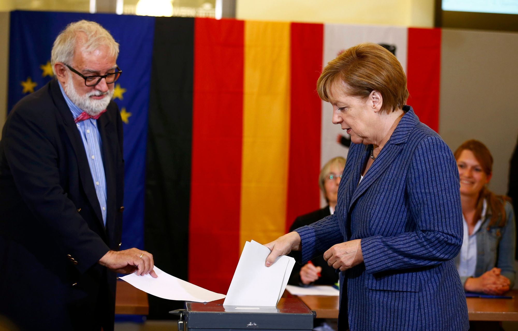 German Chancellor Merkel cast her ballot in the European Parliament election at a polling station in Berlin