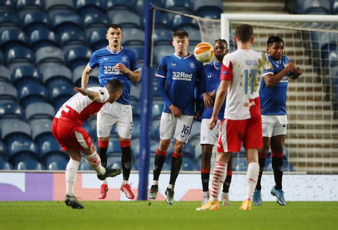 Soccer Football - Europa League - Round of 16 Second Leg - Rangers v Slavia Prague - Ibrox Stadium, Glasgow, Scotland, Britain - March 18, 2021 Slavia Prague's Nicolae St