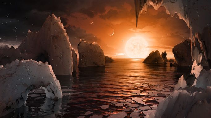 Vizualizace jedné ze sedmi objevených planet obíhajících kolem drobné chladné hvězdy TRAPPIST - 1.