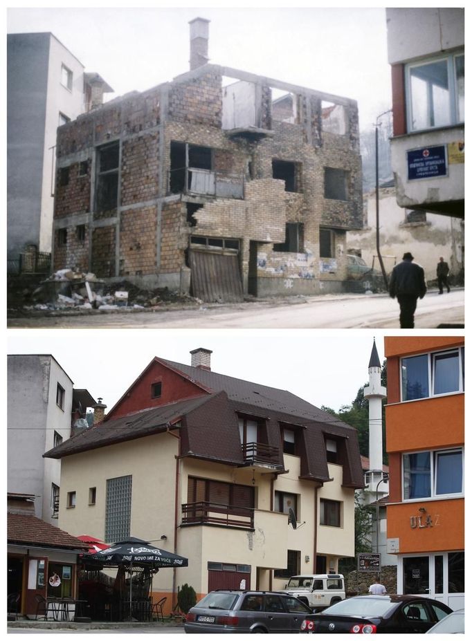 A combination of pictures show a main street during the year 1997 (at top) and in 2012 (at bottom) after the Srebrenica massacre in Srebrenica. During the war, Bosnian Serb forces commanded by General Ratko Mladic killed up to 8000 Muslim men and boys in the Srebrenica area. Bosnian Serb army commander Mladic, who personally witnessed the capture of Srebrenica, was arrested in Serbia in May 2011 after 16 years on the run. He is accused of genocide for orchestrating the massacre and for his role in the siege of Bosnia's capital Sarajevo. Some 520 recently discovered Bosnian Muslim victims' remains from the Srebrenica massacre will be buried on July 11 at the Memorial center in Potocari. The International Commission for Missing Persons has so far identified more than 7,000 Srebrenica victims. REUTERS/Staff (BOSNIA AND HERZEGOVINA - Tags: CITYSPACE CIVIL UNREST CRIME LAW CONFLICT) Published: Čec. 9, 2012, 5:12 odp.