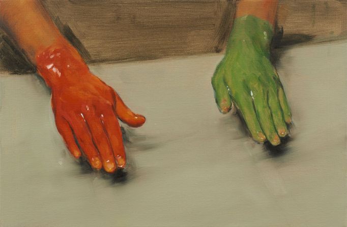 Michaël Borremans: Červená ruka, zelená ruka, 2010, olej na plátně, 40 x 60 cm