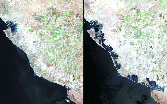 http://climate.nasa.gov/state_of_flux#Shorelinechange_Mexico.jpg Shoreline, Sonora, Mexico Left: August 7, 1993. Right: July 8, 2011. These images show changes to the western coastline of Sonora, Mexico due to the construction of shrimp farms over the past two decades. While the shrimp industry has generated profits and jobs, there have been concerns about its effect on the ecosystems of the region, and disputes have arisen about property rights to the communal coastal lands. Images taken by the Thematic Mapper sensor onboard Landsat 5. Source: USGS Landsat Missions Gallery, "Aquaculture Changes Mexican Shoreline," U.S. Department of the Interior / U.S. Geological Survey.