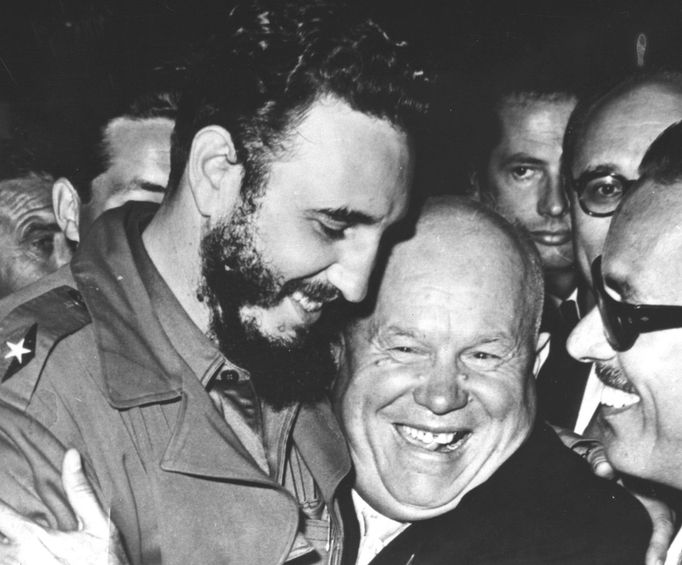 In a file photo Cuban Prime Minister Fidel Castro, left, is embraced by Soviet Premier Nikita Khrushchev in the United Nations General Assembly on Sept. 20, 1960.