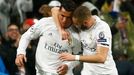 Real Madrid's Cristiano Ronaldo celebrates scoring their second goal with Karim Benzema