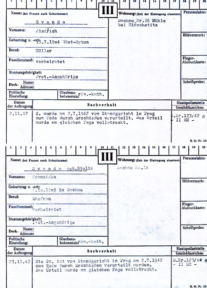 Zápis v kartotéce pardubického gestapa o odsouzení a popravě manželů Švandových z Ležáků