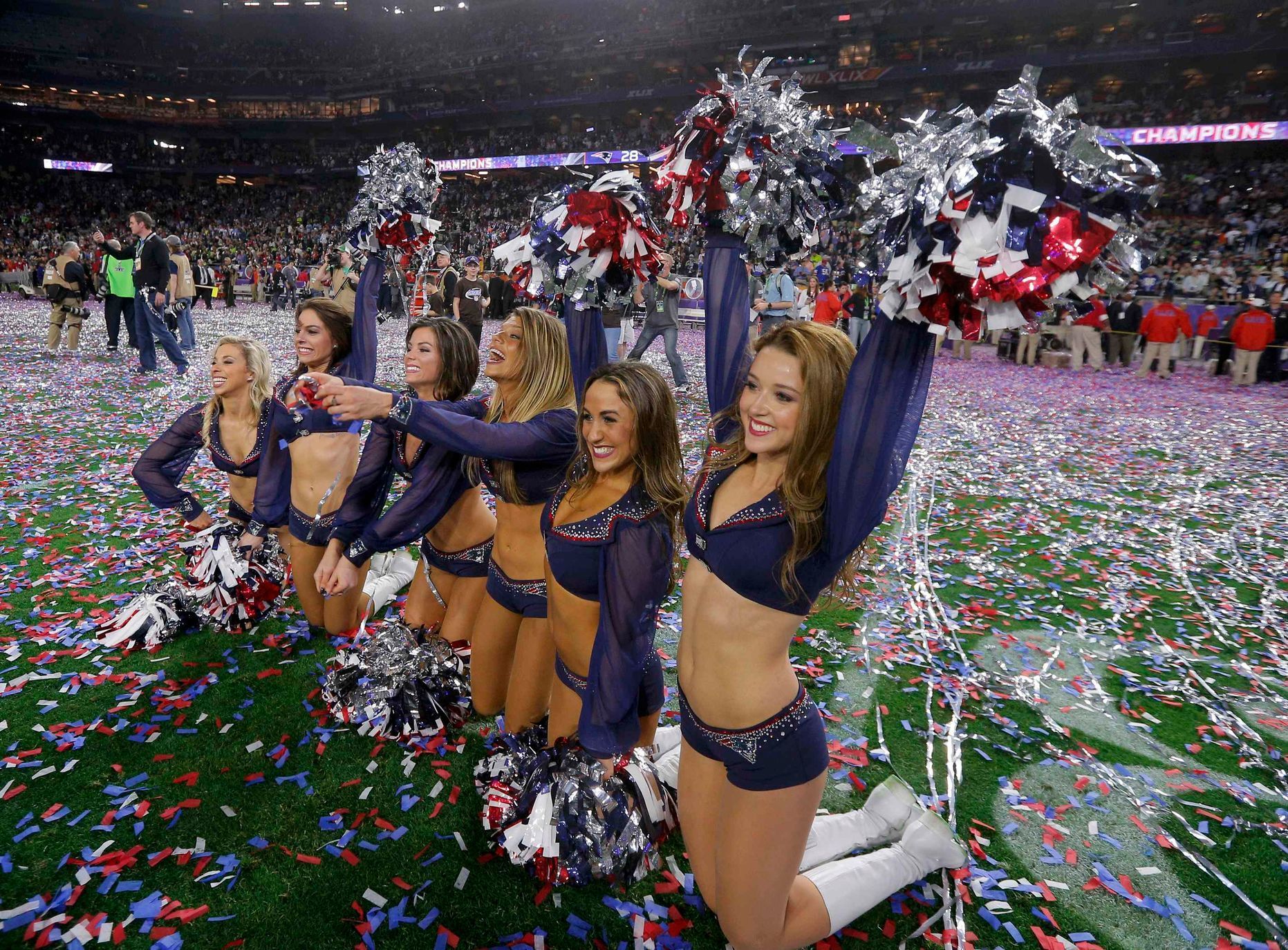 New England Patriots cheerleaders celebrate after their team defeated the Seattle Seahawks in the NFL Super Bowl XLIX football game in Glendale