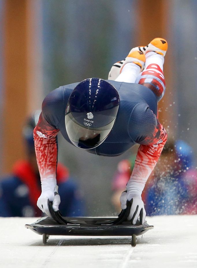 Britain's Kristan Bromley speeds down the track during a men's skeleton training session at the Sanki sliding center in Rosa Khutor, a venue for the Sochi 2014 Winter Oly