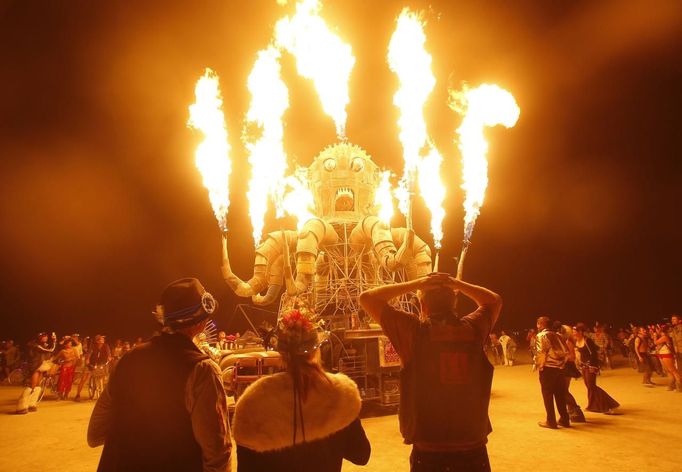 Participants watch the flames from El Pulpo Mecanico during the Burning Man 2012 "Fertility 2.0" arts and music festival in the Black Rock Desert of Nevada August 29, 2012. More than 60,000 people from all over the world have gathered at the sold out festival, which is celebrating its 26th year, to spend a week in the remote desert cut off from much of the outside world to experience art, music and the unique community that develops.