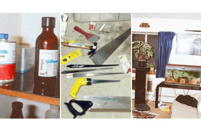 Koláž policejních fotografií pořízených v bytě sériového vraha Jeffreyho Dahmera po jeho zatčení v červenci 1991.