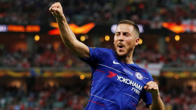 Belgický fotbalista Eden Hazard slaví jeden ze svých dvou gólů do sítě Arsenalu ve finále Evropské ligy, které bylo nejspíš jeho posledním zápasem v dresu Chelsea