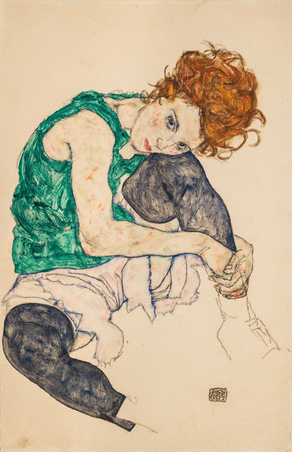 Egon Schiele: Sedící žena s pokrčenými koleny, 1917