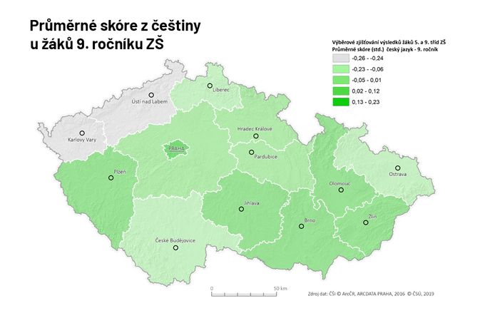 Průměrné skóre z češtiny u žáků 9. ročníku ZŠ