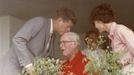 United States President John F. Kennedy (L) kisses his father, then Ambassador Joseph P. Kennedy Sr., before boarding Marine One to depart Hyannis Port, Massachusetts, in this handout image taken on August 3, 1963.