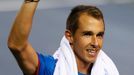 Czech Republic's Rosol reacts after winning the match against Japan's Daniel during their Davis Cup quarter final tennis match in Tokyo