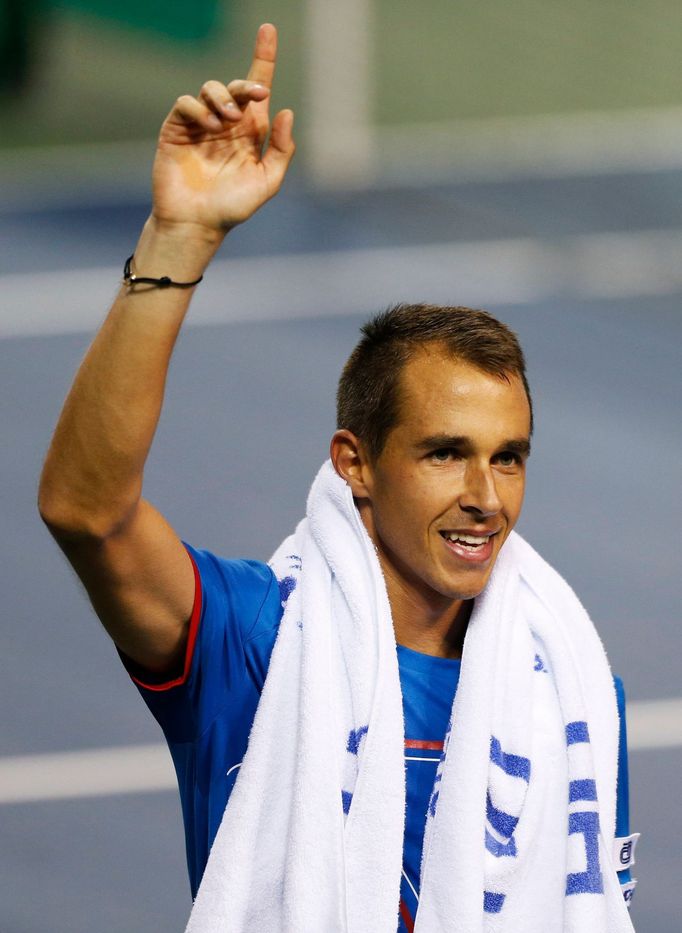 Czech Republic's Rosol reacts after winning the match against Japan's Daniel during their Davis Cup quarter final tennis match in Tokyo