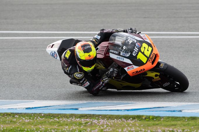 Filip Salač na motocyklu Moto2 v barvách ELF Marc VDS Racing Teamu při testech před sezonou 2025