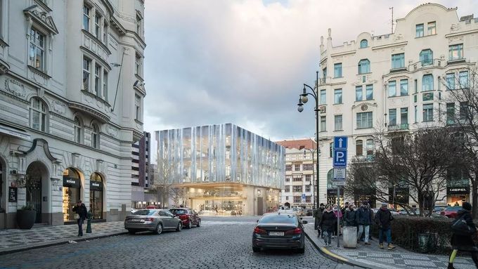 Vizualizace stavby obchodního domu na náměstí Miloše Formana vedle hotelu InterContinental