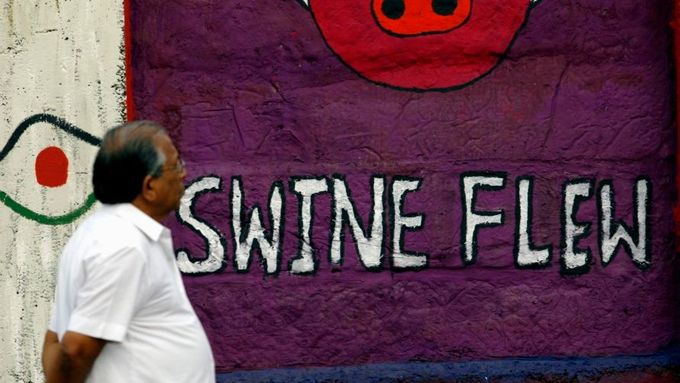 "Prasečí chřipka" (swine flu) se anglicky čte stejně jako "prase letělo" (swine flew). Mumbai, Indie.
