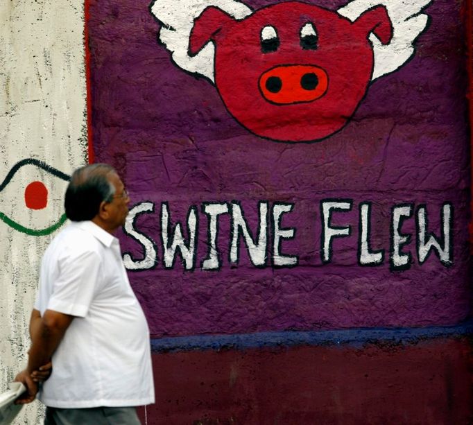 "Prasečí chřipka" (swine flu) se anglicky čte stejně jako "prase letělo" (swine flew). Mumbai, Indie.