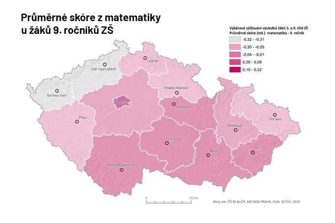 Průměrné skóre z matematiky u žáků 9. ročníků ZŠ