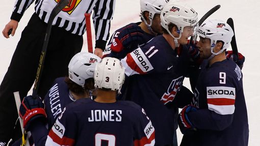 Brock Nelson of the U.S. (C) celebrates after scoring against the Czech Republic during their men's ice hockey World Championship quarter-final game at Chizhovka Arena in