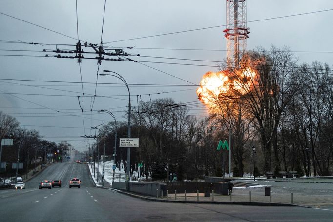 Ruský útok na televizní věž v Kyjevě na Ukrajině. 1. 3. 2022