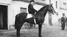 Josef Šach na koni Vardar před chuchelskými stájemi. Jedná se o nejstarší chuchelské stáje, které stojí dodnes. Šach vyhrál mezi lety 1949 a 1975 pět ročníků Čs. derby.