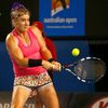 Bethanie Mattek-Sands of the United States hits a return to 	Maria Sharapova of Russia during their women's singles match at the Australian Open 2014 tennis tournament in Melbourne