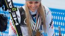 Alpine Skiing - FIS Alpine World Ski Championships - Women's Downhill - Are, Sweden - February 10, 2019 - Bronze medalist Lindsey Vonn of the U.S. poses with all medals s