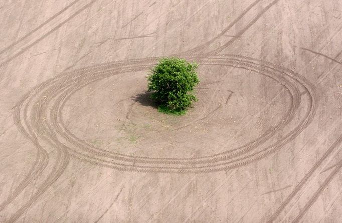 Naftu z ropy, která přitekla ropovodem Družba, spálil i traktor, jenž po sobě zanechal tyto stopy.