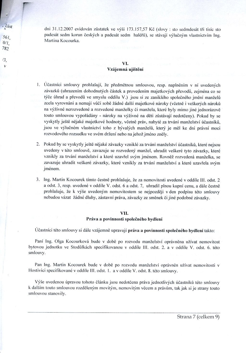 Smlouva o majetkovém vyrovnání manželů Kocourkových