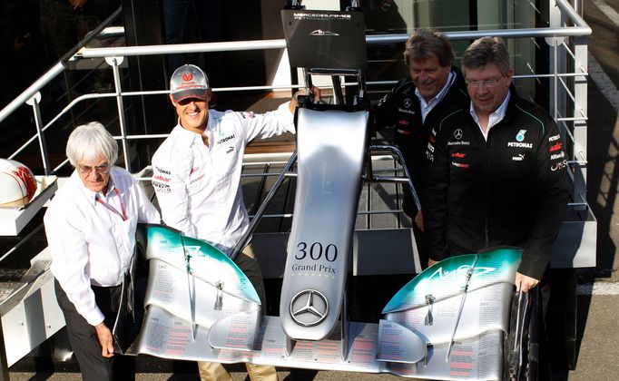 F1 2012, VC Belgie: Bernie Ecclestone, Michale Schumacher, Norbert Haug a Ross Brawn