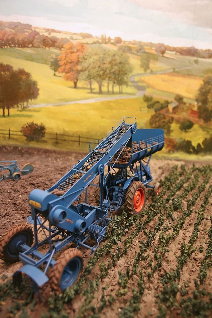 Agricultural diorama Science Museum London showing farm machinery harvesting sugar beet