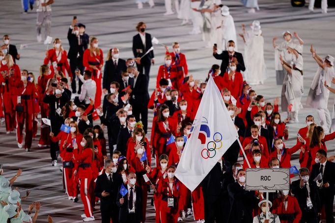 Tokyo 2020 Olympics - The Tokyo 2020 Olympics Opening Ceremony - Olympic Stadium, Tokyo, Japan - July 23, 2021. Flagbearer Sofya Velikaya of the Russian Olympic Committee