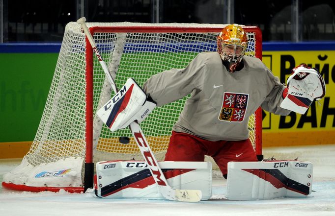 MS v hokeji 2018: David Rittich na tréninku českých hokejistů před Švýcarskem