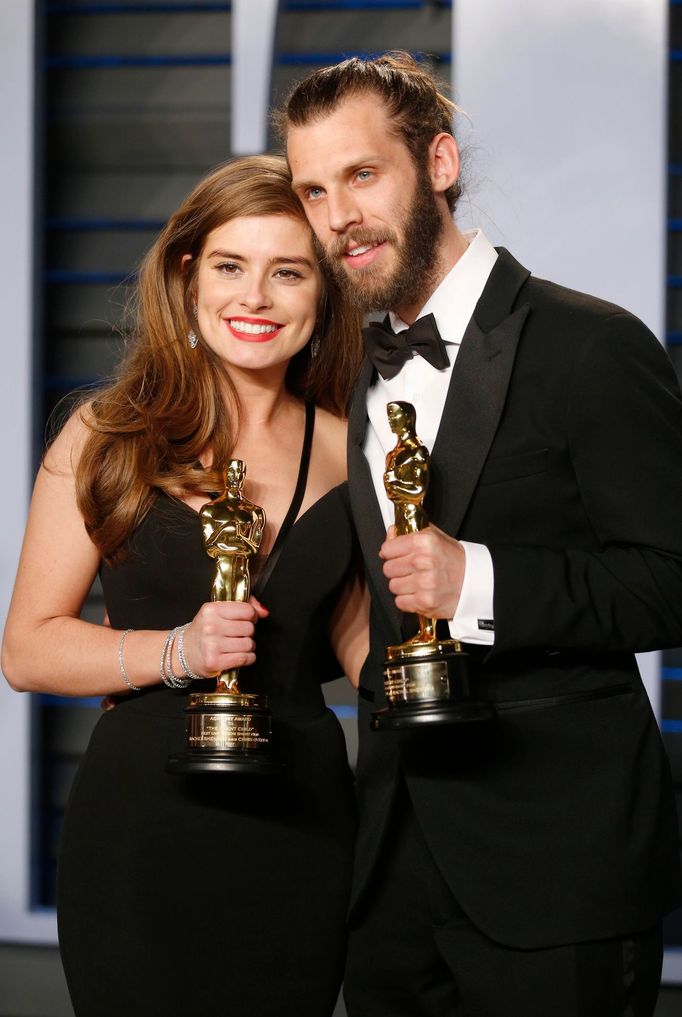 Screenwriter Rachel Shenton and director Chris Overton with their Oscars for Best Live Action Short Film