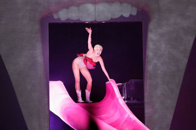 U.S. singer Miley Cyrus performs at the O2 Arena in central London