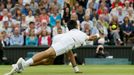 Srbský tenista Novak Djokovič se natahuje po míčku v semifinálovém utkání Wimbledonu 2012 se Švýcarem Rogerem Federerem.