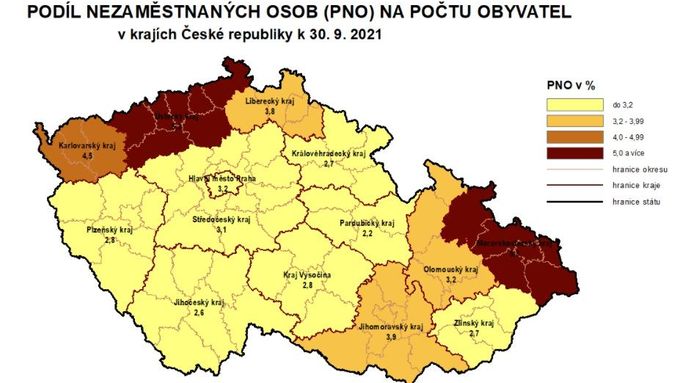 Podíl nezaměstnaných osob (PNO) na počtu obyvatel v krajích ČR k 30. září 2021