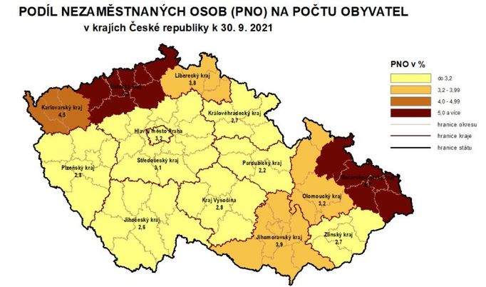 Podíl nezaměstnaných osob (PNO) na počtu obyvatel v krajích ČR k 30. září 2021