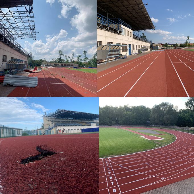 Atletický stadion v Hodoníně po tornádu v roce 2021