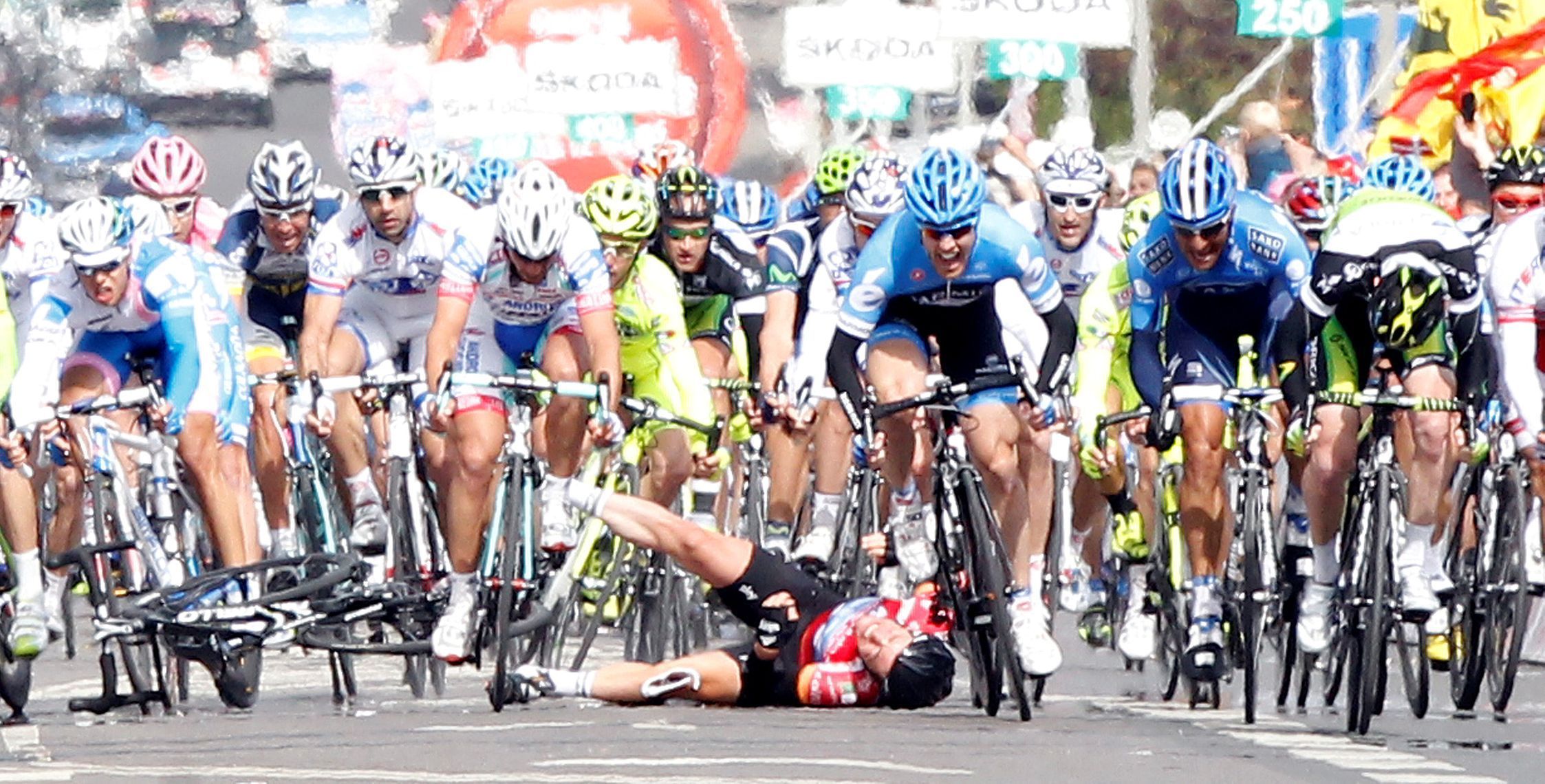 FILE PHOTO: Team Sky rider Mark Cavendish crashes during the final rush of the 190-km third stage of the Giro d'Italia in Horsens, Denmark.