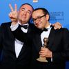 Producer Rodnyansky and director Zvyagintsev pose backstage with their award for Best Foreign Language Film for their film &quot;Leviathan&quot; at the 72nd Golden Globe Awards in Beverly Hills