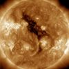 Coronal Hole on the Sun This image of a coronal hole on the sun bears a remarkable resemblance to the 'Sesame Street' character Big Bird. Coronal holes are regions where the sun's corona is dark. These features were discovered when X-ray telescopes were first flown above the Earth's atmosphere to reveal the structure of the corona across the solar disc. Coronal holes are associated with 'open' magnetic field lines and are often found at the sun’s poles. The high-speed solar wind is known to originate in coronal holes. The solar wind escaping from this hole will reach Earth around June 5-7, 2012. Image Credit: NASA/AIA