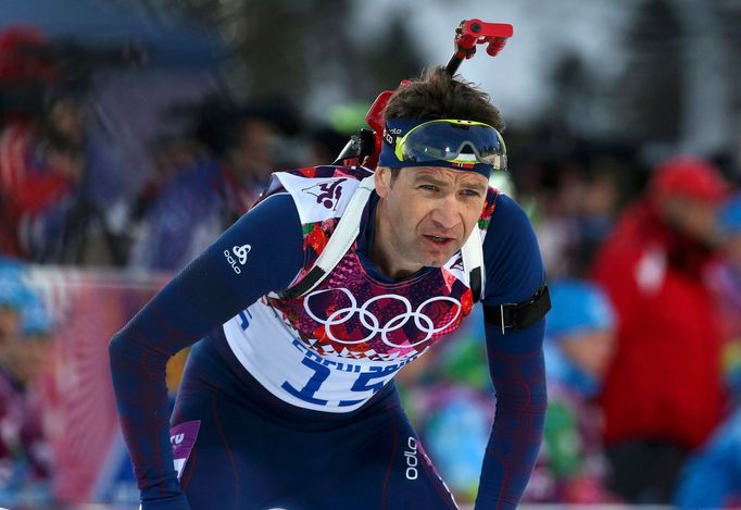 Norway's Bjoerndalen reacts during the men's biathlon 20 km individual event at the Sochi 2014 Winter Olympic Games in Rosa Khutor