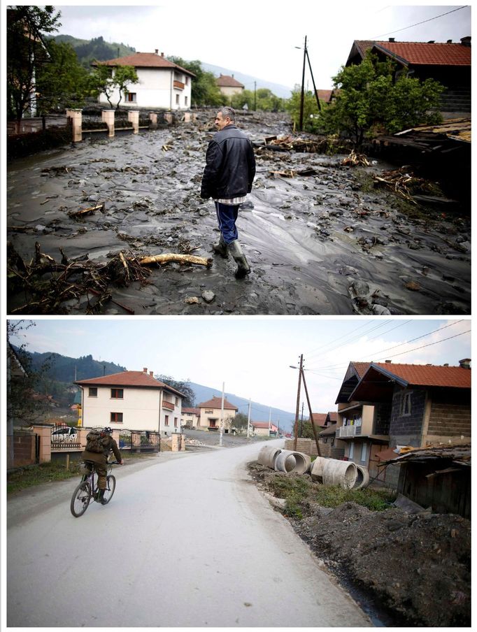 Bosna povodně 2014. Asim Skopljak kráčející přes ulici při povodních 16.května 2014 (nahoře) a stejné místo po povodních 8.října 2014 (dole).