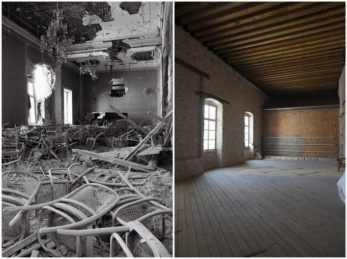 A combination picture shows a destroyed concert hall in a music school in 1991 (L) and a rebuilt concert hall at the music school in 2012 in Zadar. The city of Zadar was shelled by Serb-dominated Yugoslav troops during Croatia's 1991-95 war of independence. REUTERS/Antonio Bronic (CROATIA - Tags: CIVIL UNREST CONFLICT) Published: Čec. 31, 2012, 4:04 odp.