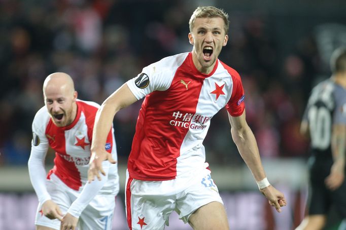 Tomáš Souček slaví gól v odvetě osmifinále Evropské ligy Slavia Praha - FC Sevilla