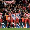 Atletico Madrid's Lopez celebrates with team mates his goal against Chelsea during their Champions League semi-final second leg soccer match at Stamford Bridge stadium in London