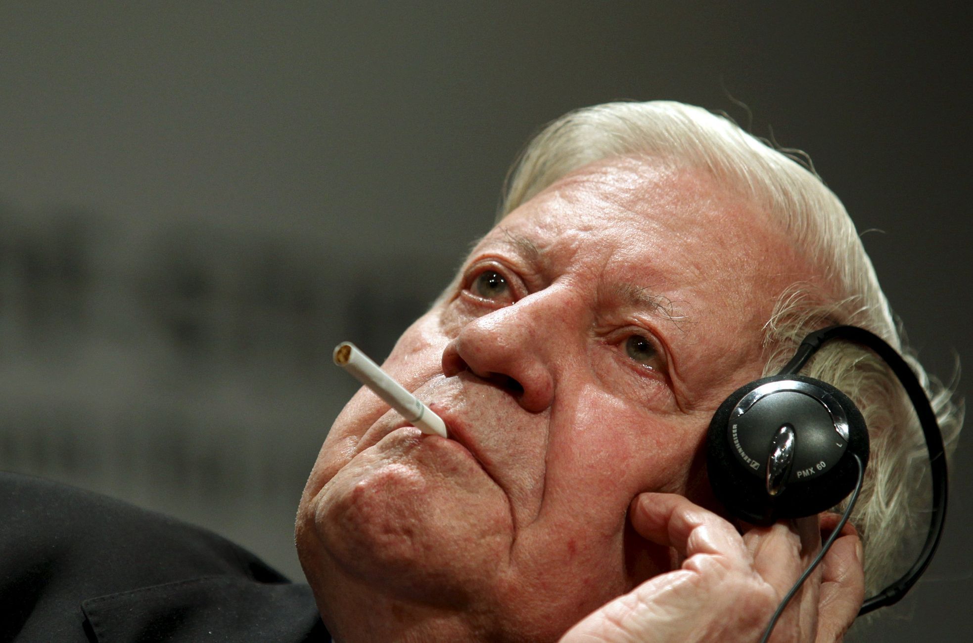 File photo shows former German Chancellor Schmidt smoking during ceremony marking 50th anniversary of Bergedorfer Forum of Koerber Foundation in Berlin